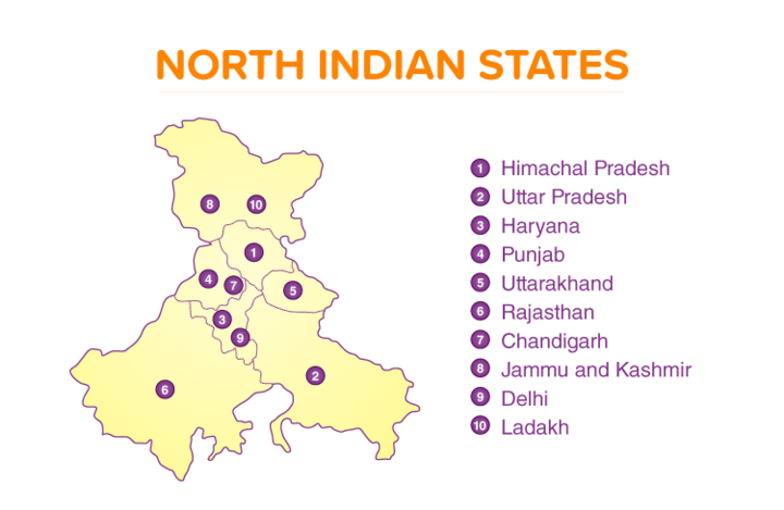 North India States Map Names And Capitals List